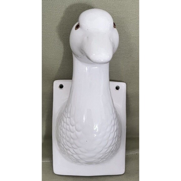 Vintage White Ceramic Duck Goose Wall Decor Apron Holder 9 Inches